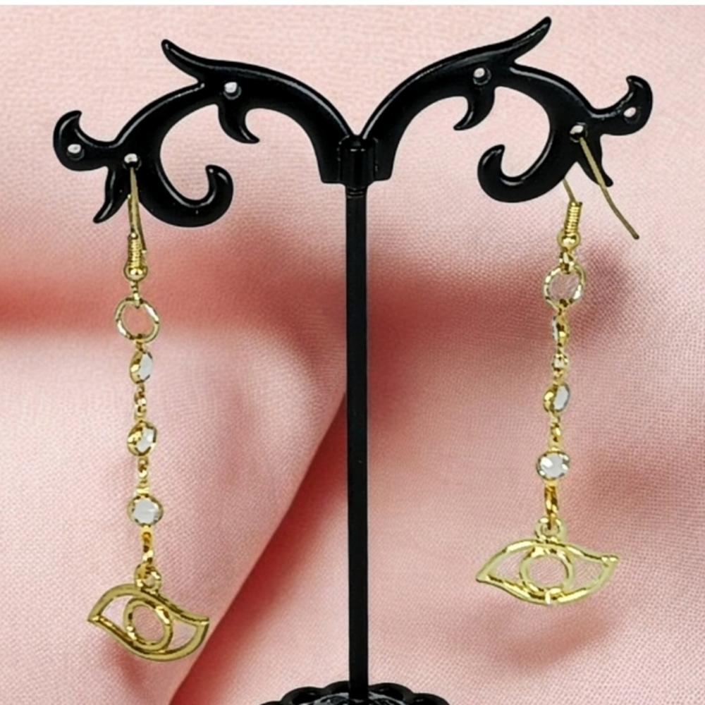 Gold Evil Eye Dangle Drop Earrings with Vintage Bezel Set Blue Satellite Chain - Picture 9 of 14
